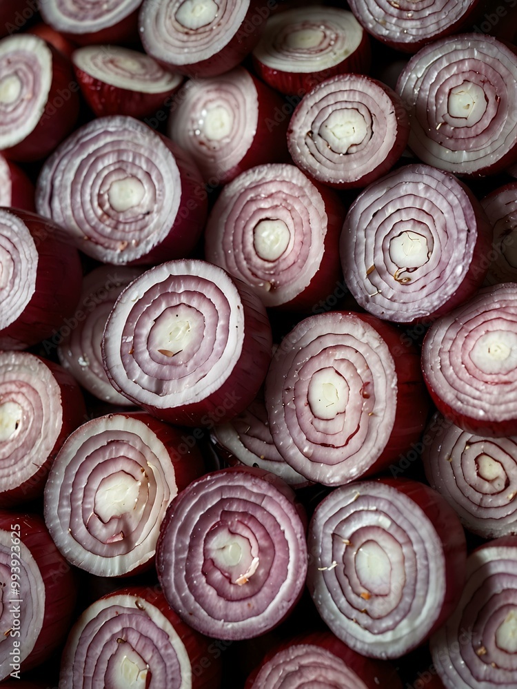 Stacked red onion slices creating a beautiful pattern for photography. Stacked red onion slices creating a beautiful pattern for photography.