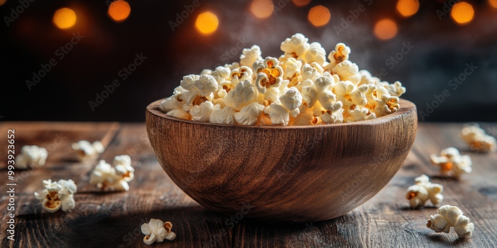 A wooden bowl of salted popcorn at the old wooden table. Dark background. selective focus A wooden bowl of salted popcorn at the old wooden table. Dark background. selective focus