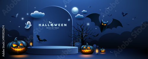 Halloween podium dark blue color, bat flying, pumpkin, ghost, candle, banner design on cloud and moon dark blue background, Eps 10 vector illustration