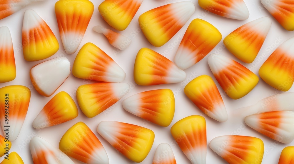Fototapeta premium Colorful candy corn candies on a white background, perfect for Halloween treats.
