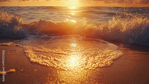 Golden Sunset Waves on Tranquil Beach - Perfect Background and Wallpaper for Nature Lovers Seeking Coastal Serenity and Scenic Beauty photo