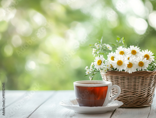 Wallpaper Mural  A cup of tea and a small basket with daisies on the table against a green spring background.  Torontodigital.ca