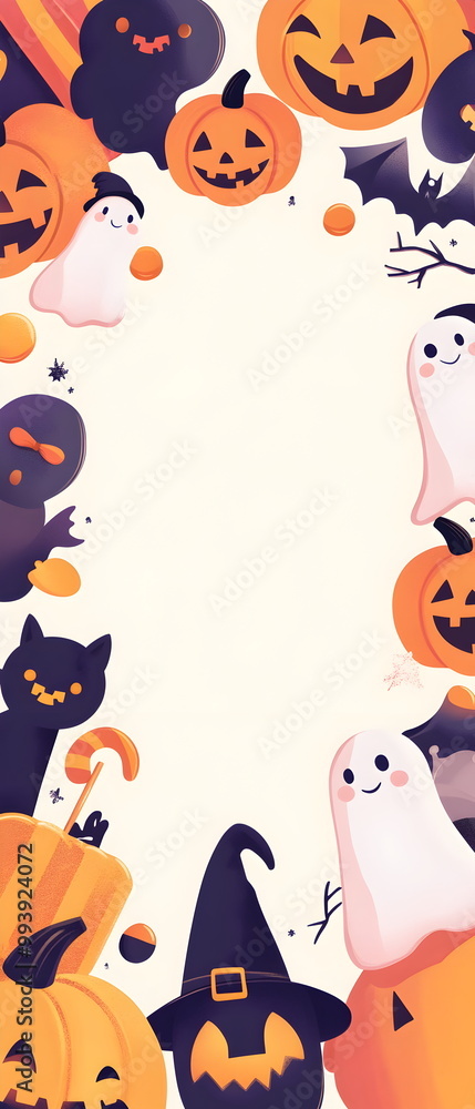 Fototapeta premium Halloween vector card, featuring a group of kawaii-style characters: tiny pumpkins, cute witches, and smiling black cats, framed by soft pastel colors. Minimalist style, room for text in the center