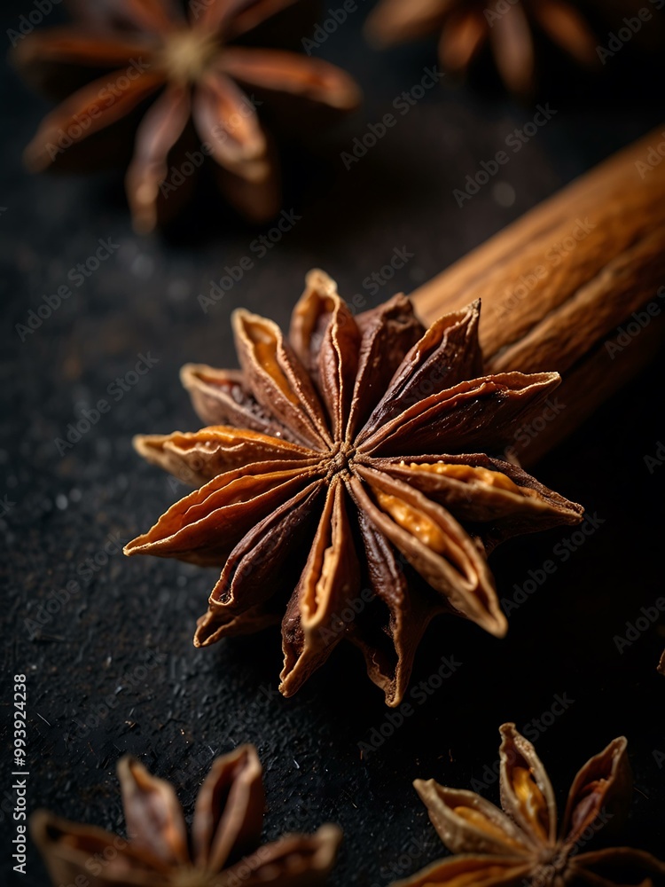 Star anise spice showcased prominently on a dark background. Star anise spice showcased prominently on a dark background.