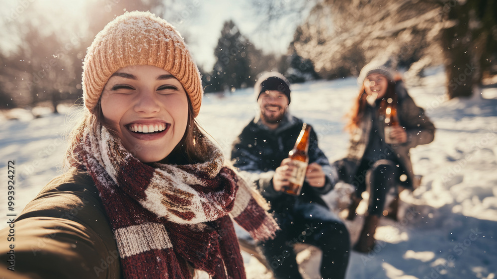 A cheerful person toasts as friends enjoy a playful winter moment. A cheerful person toasts as friends enjoy a playful winter moment.