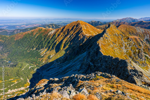 Picturesque landscape of the Tatra Mountains. A view of the Mts. Volovec and Ostry Rohac, Western Tatras.