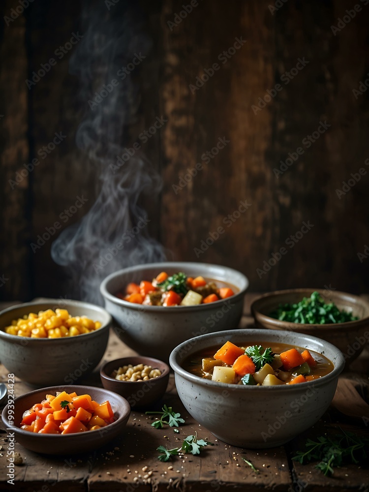 Steaming bowls of vegetable stew on a rustic table. Steaming bowls of vegetable stew on a rustic table.