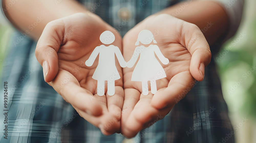 Adult and children hands holding paper family cut Adult and children hands holding paper family cut
