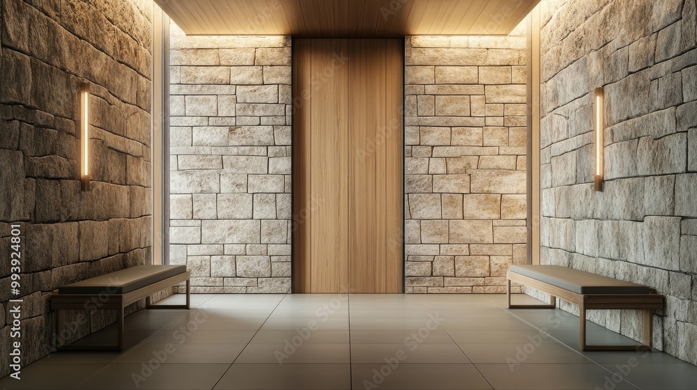 Obraz premium Stone and wood paneling wall in minimalist hallway Luxury home interior design of modern entrance hall with door and benches