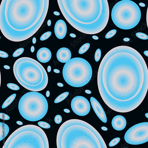 Repeating print for fabric blue balloons, spheres, discs on night colour background.