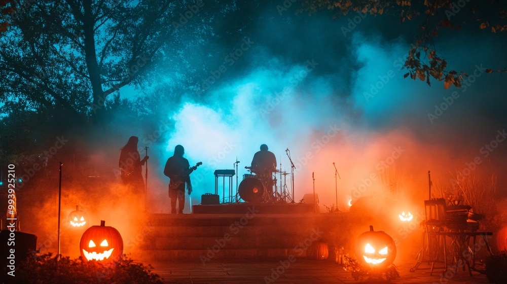 Eerie Halloween-themed outdoor concert in an American park ghostly musicians playing Eerie Halloween-themed outdoor concert in an American park ghostly musicians playing