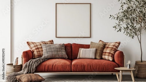 Terra cotta sofa with plaids and pillows against of white wall with art poster frame Scandinavian interior design of modern living room