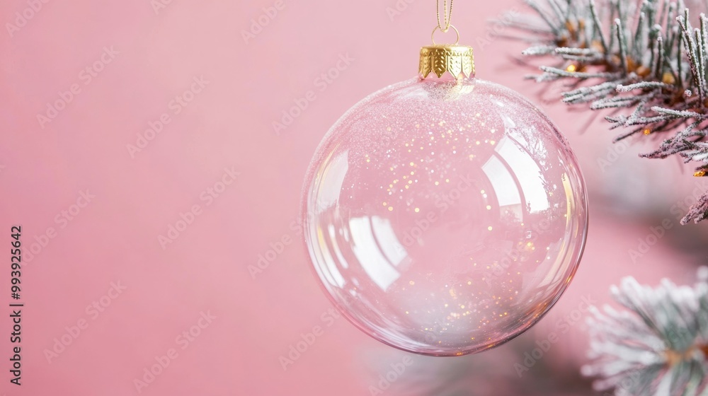 Clear glass Christmas ornament hanging on a snowy evergreen branch Clear glass Christmas ornament hanging on a snowy evergreen branch