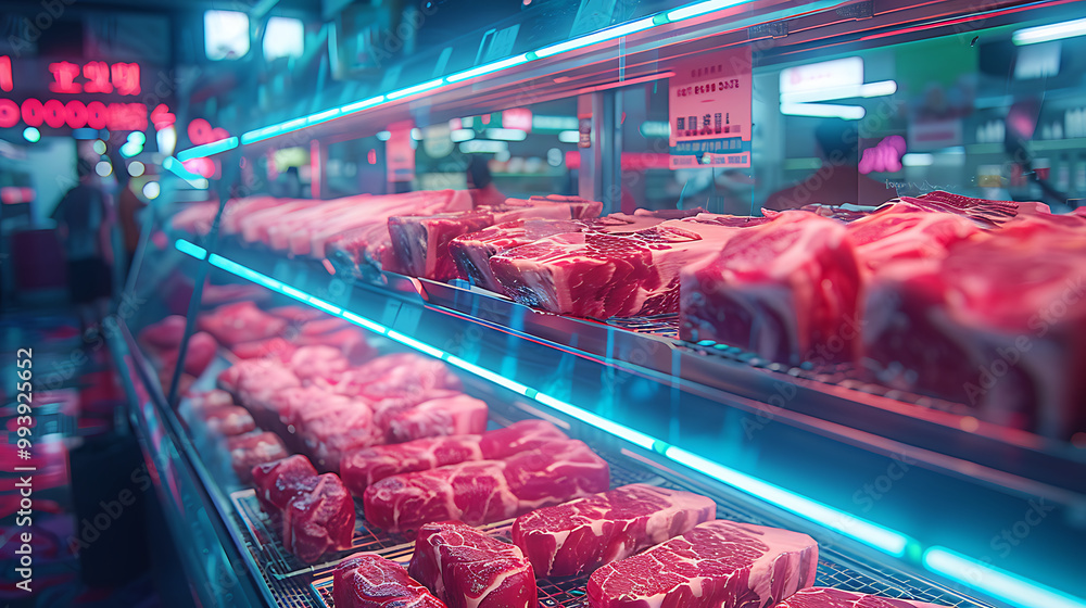 Meat aisle with various cuts displayed in a refrigerated grocery section. close-up of a meat fridge in a grocery store filled with various cuts of fresh meat various cuts of beef, pork and other meats Meat aisle with various cuts displayed in a refrigerated grocery section. close-up of a meat fridge in a grocery store filled with various cuts of fresh meat various cuts of beef, pork and other meats