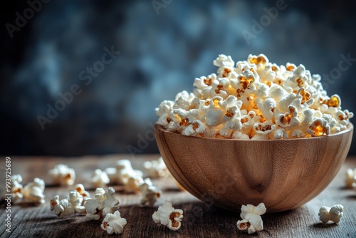 A wooden bowl of salted popcorn at the old wooden table. Dark background. selective focus