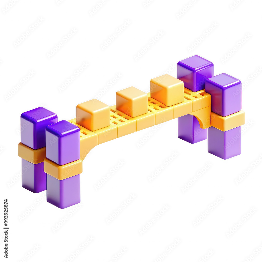 A colorful bridge toy made from plastic blocks, featuring yellow, purple, and orange pieces. It is designed for creative play. A colorful bridge toy made from plastic blocks, featuring yellow, purple, and orange pieces. It is designed for creative play.