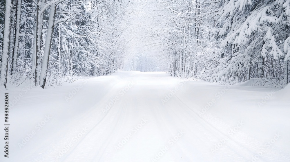 Fototapeta premium Enchanting Winter Wonderland - Remote Forest Pathway Disappears in a Heavy Snowstorm with Trees Bowing Under Snow Load