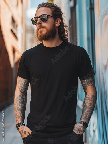 Metalhead Wearing Blank Black T-Shirt Mockup for Band Merchandise or Rock Apparel Design