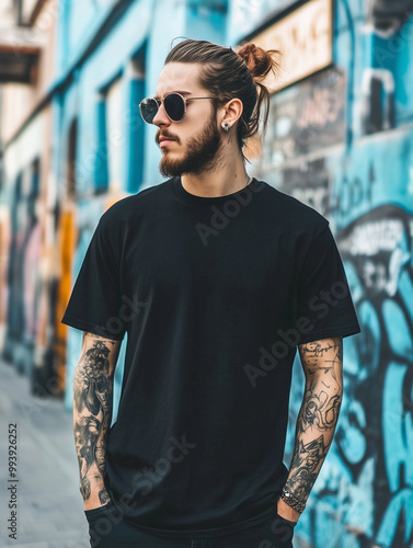 Metalhead Wearing Blank Black T-Shirt Mockup for Band Merchandise or Rock Apparel Design