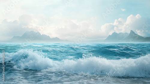 Serene Ocean Waves Against Majestic Mountain Range Wallpaper - Unique Background Design photo