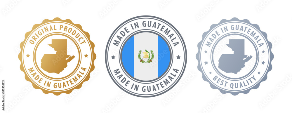 Guatemala - set of stamps with map and flag. Best quality. Original product. Vector illustration Guatemala - set of stamps with map and flag. Best quality. Original product. Vector illustration