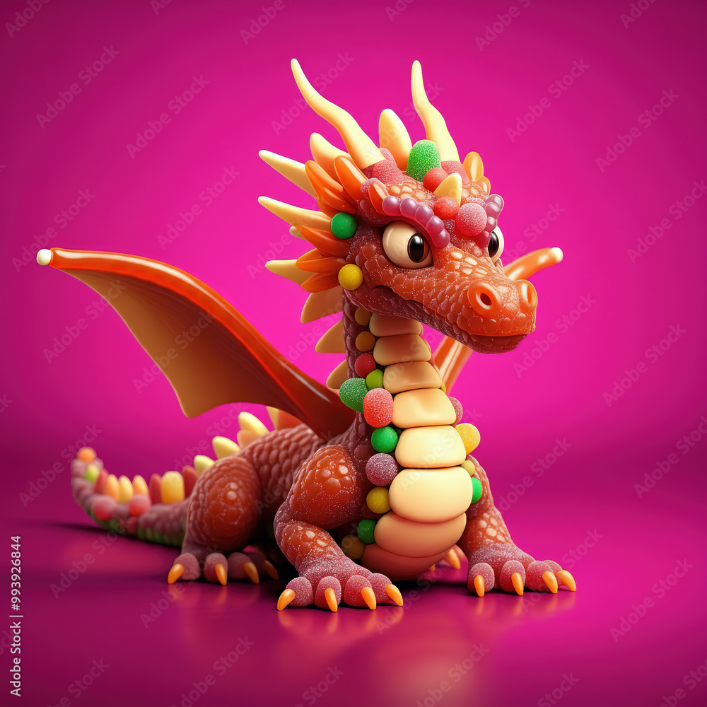 Fototapeta premium A Cute Dragon Made of Jelly Beans, Pink Background And Surface, Ai Generated Illustration
