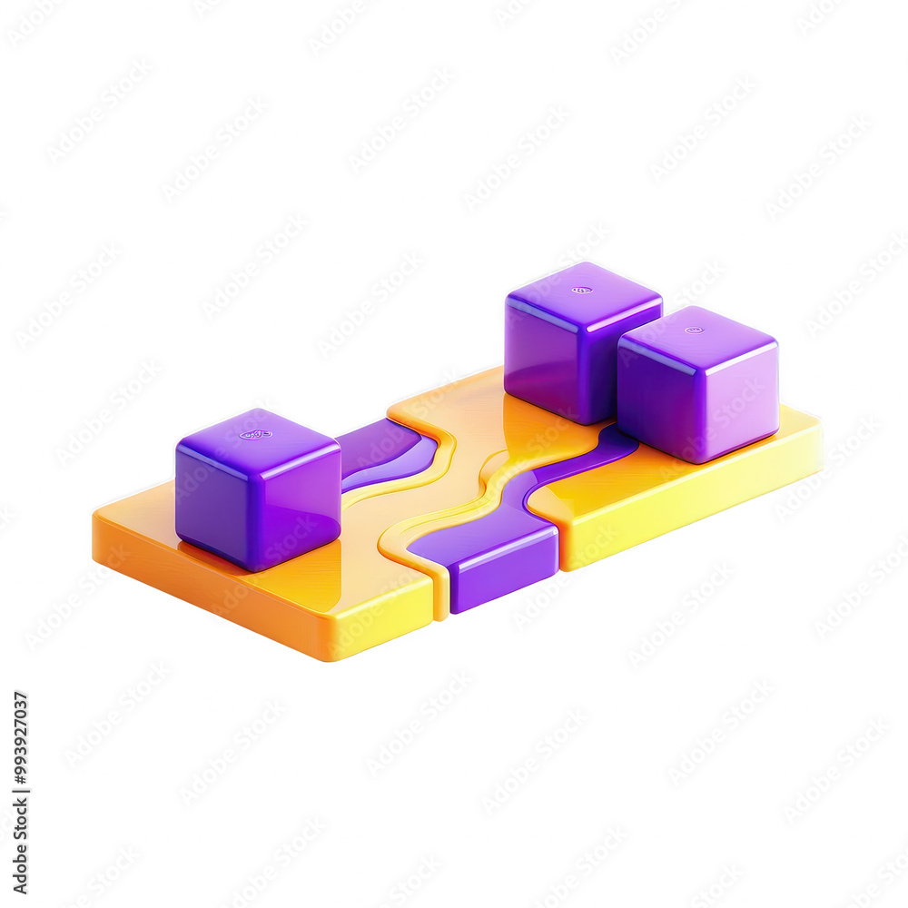 Fototapeta premium This image features a 3D design board with colorful yellow and purple blocks arranged uniquely. It highlights a modern aesthetic and playful geometry.