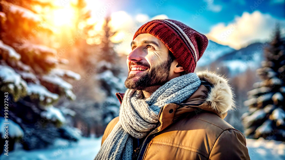 Fototapeta premium a man wearing winter clothes enjoying the beautiful weather 