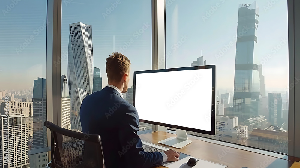 In a contemporary office environment, an LED computer screen mockup is displayed with a user operating it, featuring a PNG screen for clarity. In a contemporary office environment, an LED computer screen mockup is displayed with a user operating it, featuring a PNG screen for clarity.