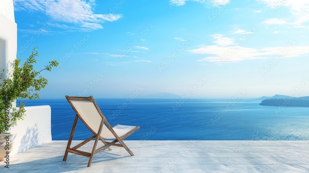 White deck chair on terrace with stunning sea view Mediterranean hotel under blue sky on sunny day, summer vacation concept White deck chair on terrace with stunning sea view Mediterranean hotel under blue sky on sunny day, summer vacation concept
