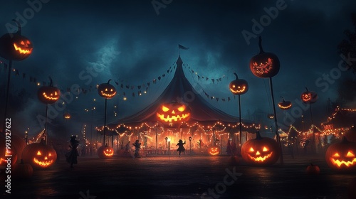 Halloween-themed American circus eerie clowns performing in the center ring