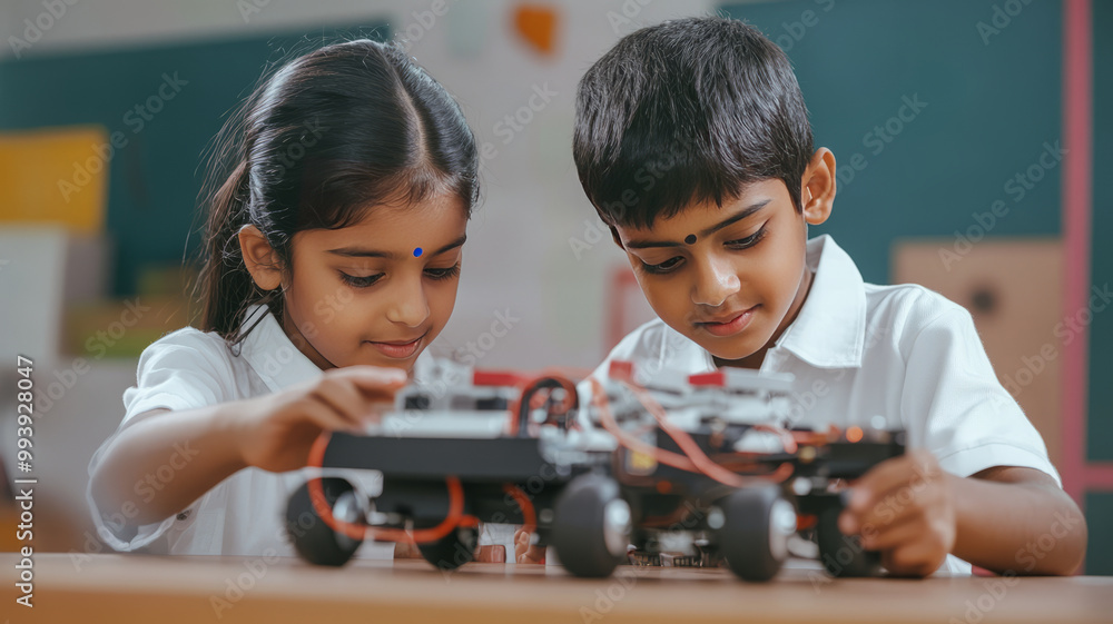 two modern small indian students doing a robotic project. the students must wear white shirt, in classroom