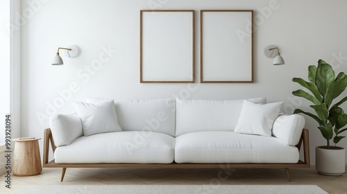 White sofa against wall with sconces and frame Mid-century interior design of modern living room