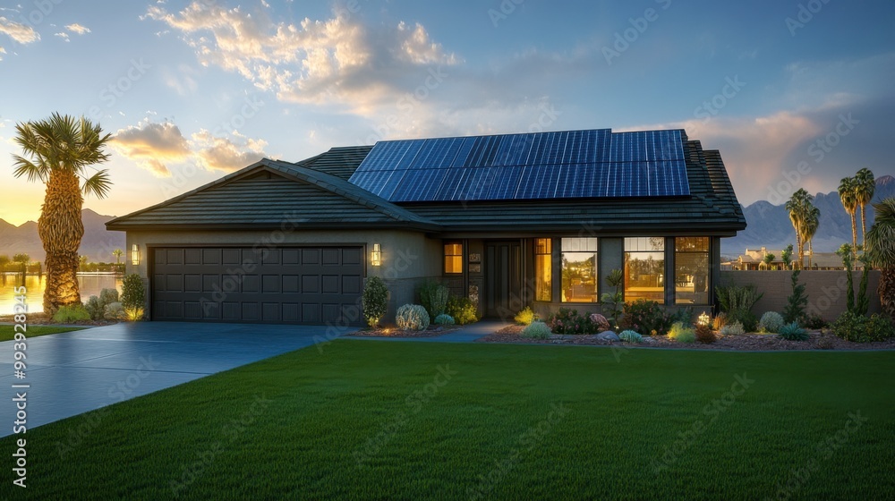 Modern suburban home with solar panels at sunset, surrounded by lush green lawn Modern suburban home with solar panels at sunset, surrounded by lush green lawn