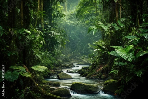 A river winds through the lush green jungle. Rocks and plants surround the river. The scene is peaceful and serene, with the sound of water. Generative AI