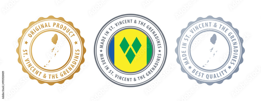 Saint Vincent and the Grenadines - set of stamps with map and flag. Best quality. Original product. Vector illustration Saint Vincent and the Grenadines - set of stamps with map and flag. Best quality. Original product. Vector illustration