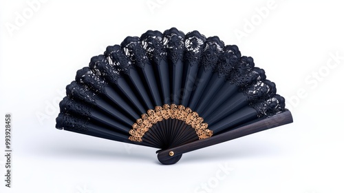 Elegant black lace fan displayed on a white isolate background. photo