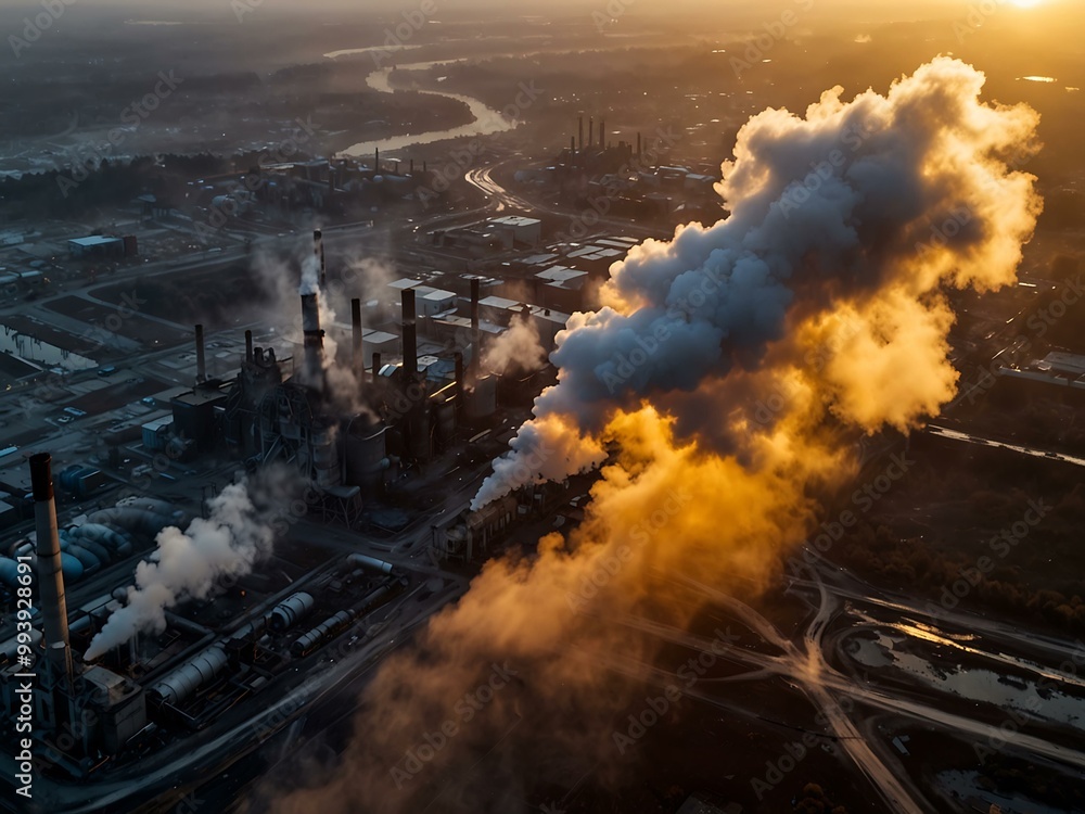 Sunrise aerial photo showing pollution from a metallurgical factory. Sunrise aerial photo showing pollution from a metallurgical factory.
