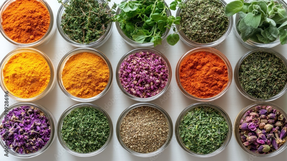 A vibrant assortment of spices and herbs in glass jars. A vibrant assortment of spices and herbs in glass jars.