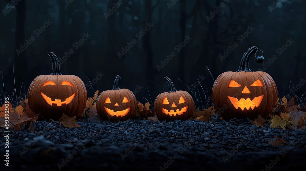 Fototapeta premium Four glowing Halloween pumpkins in a dark forest setting.