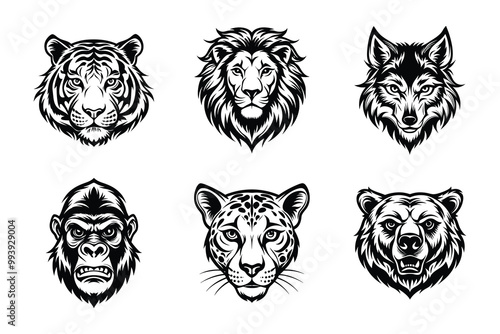 Vector clip art style animals tattoo silhouette bundle set with white background