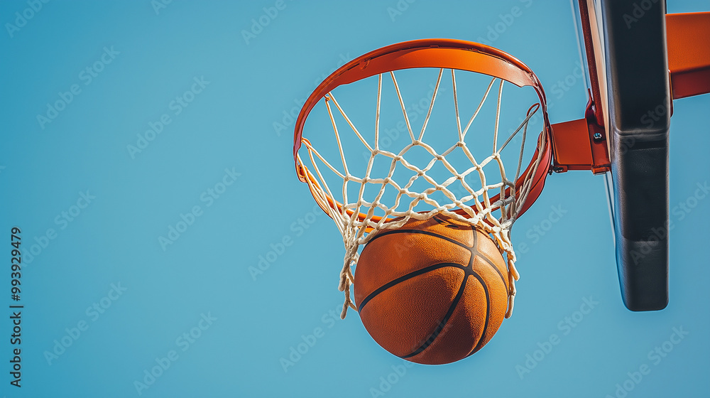 Basketball in mid-air as it soars towards the hoop, moment of the basketball about to score Basketball in mid-air as it soars towards the hoop, moment of the basketball about to score