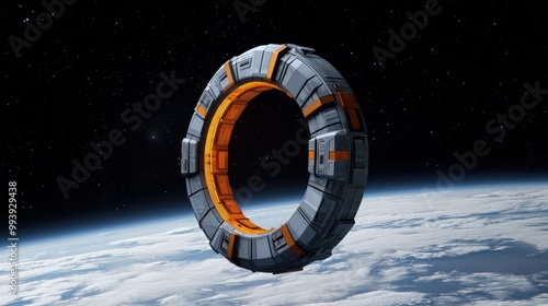 Futuristic spacecraft hovering above Earth in outer space. photo