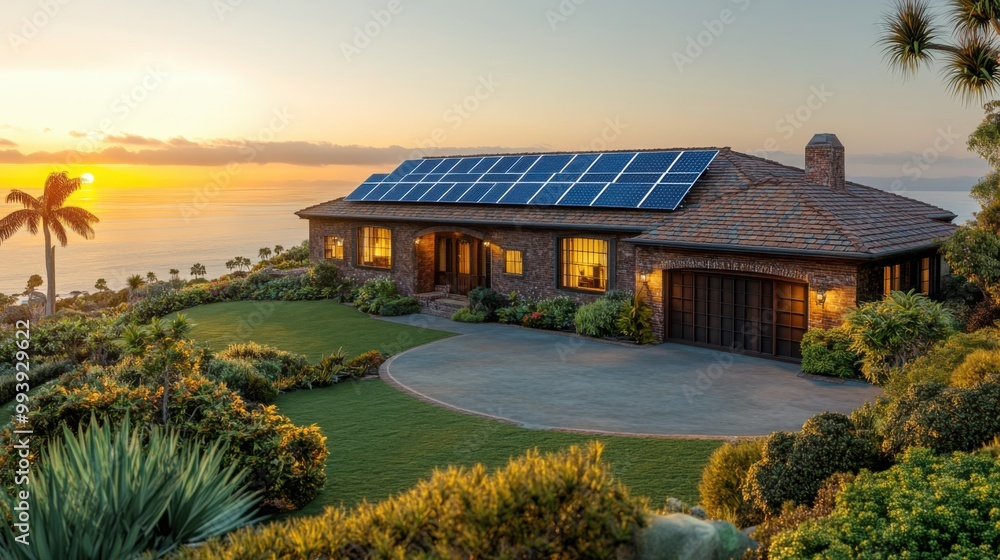 Seaside house with solar panels on the roof at sunset in lush garden setting Seaside house with solar panels on the roof at sunset in lush garden setting
