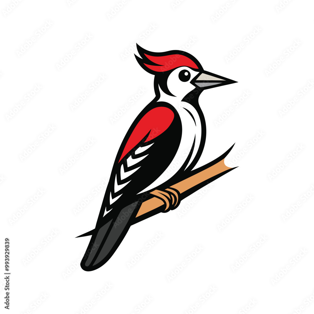 Obraz premium Flat Vector Woodpecker Perched on Branch – Bold Graphic with Red, Black, and White Colors