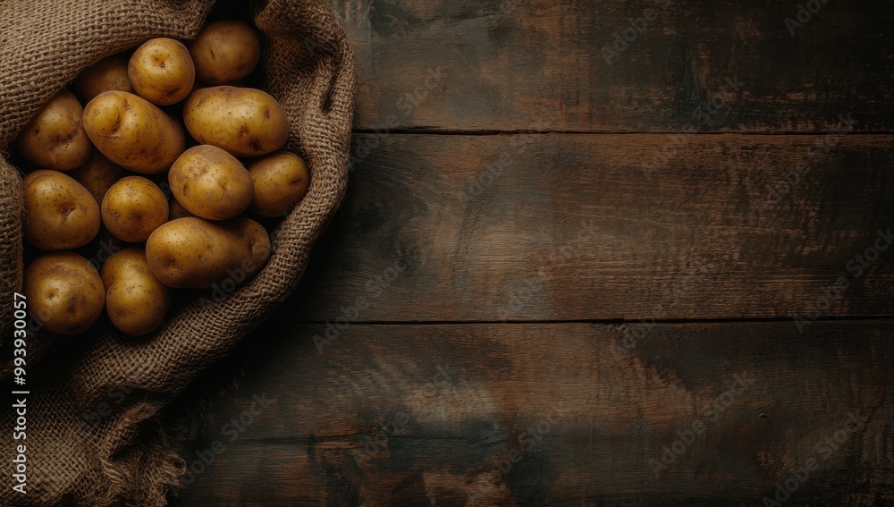 Burlap sack of yellow potatoes on wooden table, rustic kitchen decor, soft lighting Burlap sack of yellow potatoes on wooden table, rustic kitchen decor, soft lighting