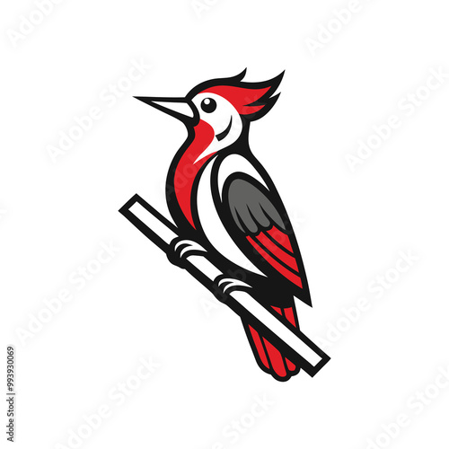 Flat Vector Woodpecker Perched on Branch – Bold Graphic with Red, Black, and White Colors