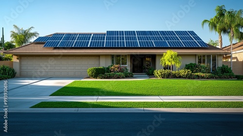 Modern suburban home with solar panels in sunny weather, emphasizing sustainable energy