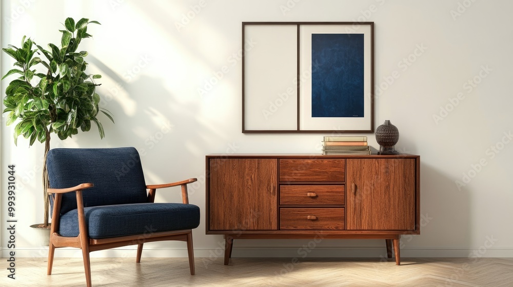 Fototapeta premium Wooden cabinet and art poster on white wall Interior design of mid-century living room