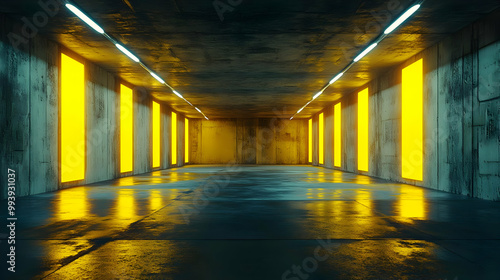 3D Render of a Concrete Tunnel with Yellow Neon Lights